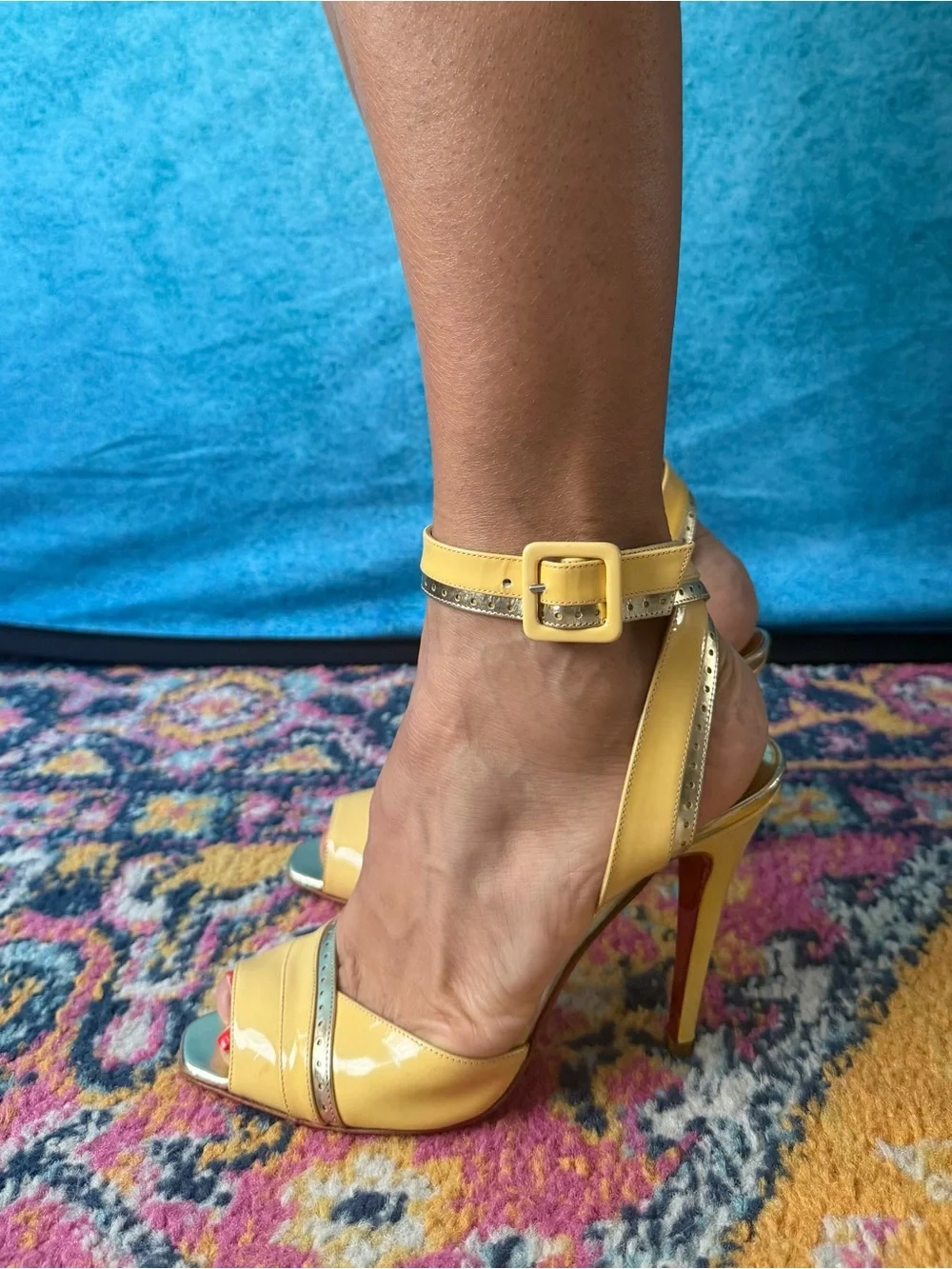 Christian Louboutin Yellow Patent Leather Ankle-Strap Heels with Gold Accents